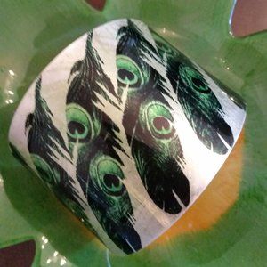 Vintage silver tone cuff bracelet etched peacock feathers